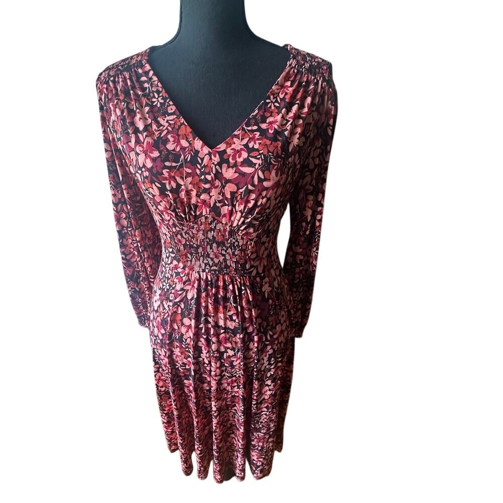 London Times Floral Fit Flare Dress S Smocked Empire Waist Coral Black
